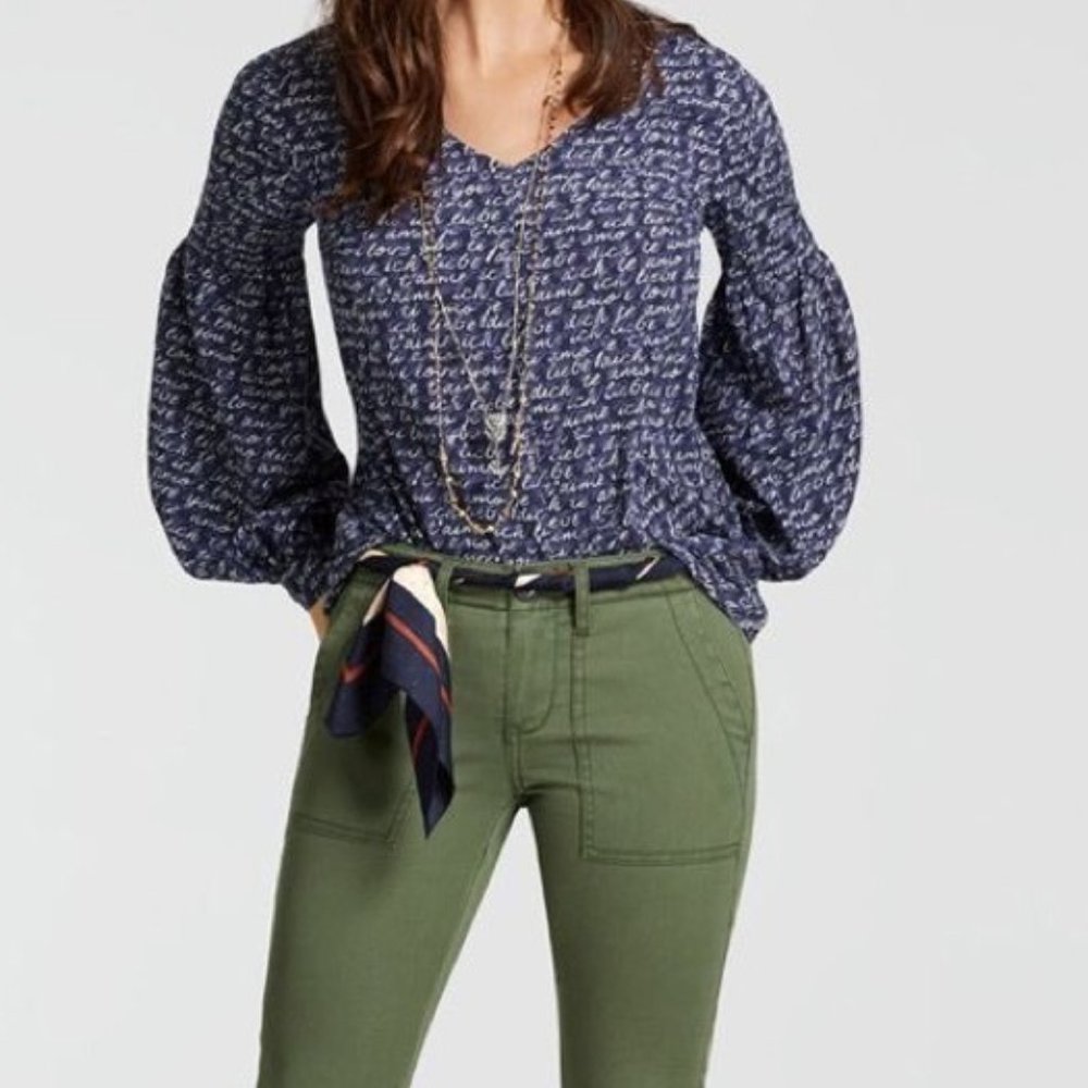 Cabi Navy Blue 'Te Amo' Poof Sleeve All-over Print Blouse Size Medium